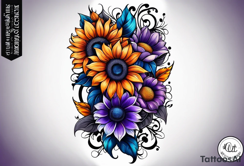 Full leg sleeve with purple, orange and blue sunflowers tattoo idea