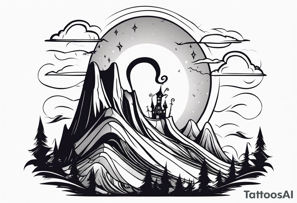 jack skellington on the top of curved montain tattoo idea