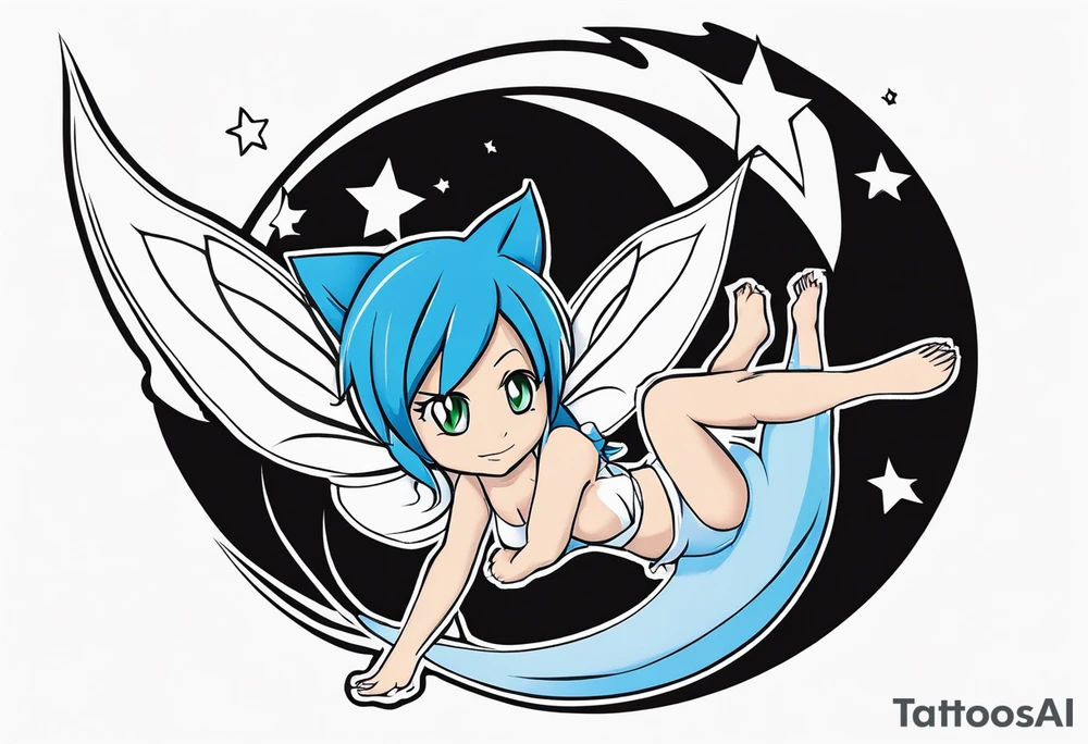No color fairy with a tail inspired by the logo of the anime show called Fairy Tail in a fetal position leaning in and forward while in the air floating with no background tattoo idea
