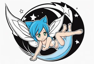 No color fairy with a tail inspired by the logo of the anime show called Fairy Tail in a fetal position leaning in and forward while in the air floating with no background tattoo idea