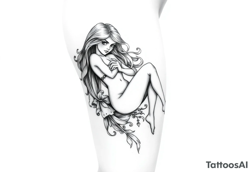 Full thigh tattoo with a sexy fantasy girl tattoo idea