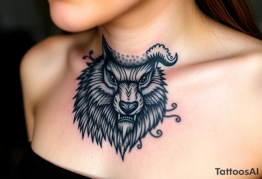 Big bad wolf nursery rhyme wearing a sheep costume with sheep head hood to kill and eat the three little pigs and little red riding hood tattoo idea