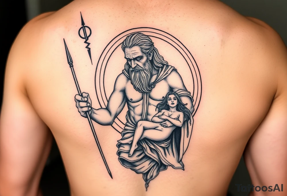 a tattoo design of the Greek God Saturn but older and nearly dying holding his spear, in his other arms cradling a twin dying younger version of himself. The gemini constellation is in the background behind the Saturn Gods. Long vertical form as this will be on a thigh - include the planet Saturn rings going round the design tattoo idea