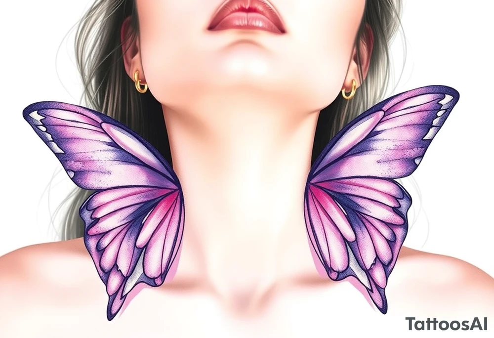 A dreamy portrait of a Virgo woman with delicate butterfly wings, in soft lavender, pink, and pearl white hue tattoo idea