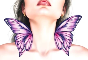 A dreamy portrait of a Virgo woman with delicate butterfly wings, in soft lavender, pink, and pearl white hue tattoo idea