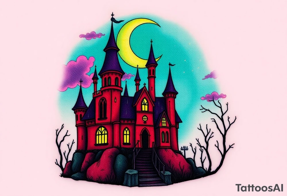 Tim Burton’s disney sleeping beauty’s haunted castle is abandoned and dripping with muted reds, dusty pinks, and eerie green glow.purple and cyan smokey clouds swirl in the crescent moonlit sky thats sprinkled with stars tattoo idea tattoo idea