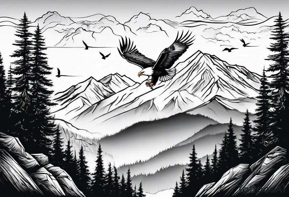 Mountain in the background with trees an eagle soaring with a white dove sitting on a branch at the top of the mountain tattoo idea