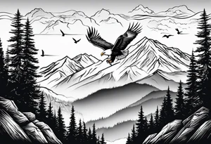 Mountain in the background with trees an eagle soaring with a white dove sitting on a branch at the top of the mountain tattoo idea