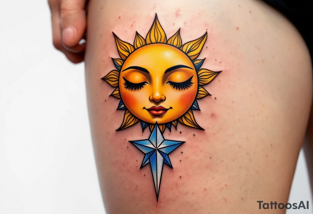 A sun, moon, and star in golden yellow, deep blue, and shimmering silver, representing the balance of three souls. tattoo idea