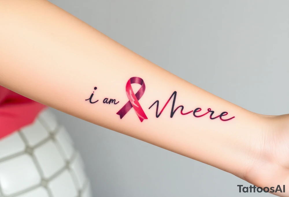 ‘I am here’ with breast cancer pink ribbon heartbeat rhythm tattoo idea