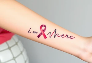 ‘I am here’ with breast cancer pink ribbon heartbeat rhythm tattoo idea