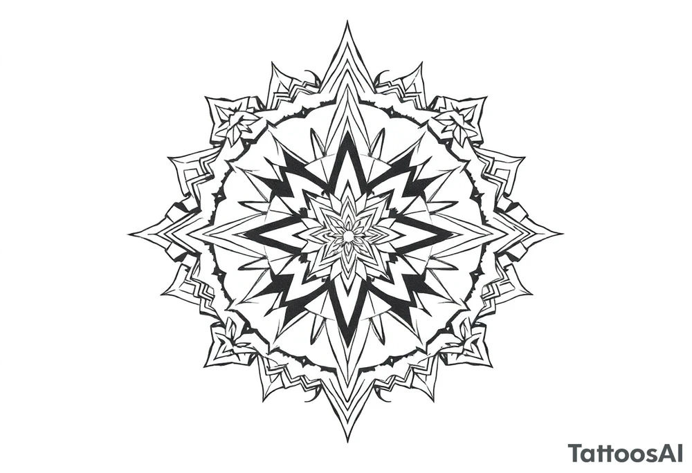 Trippy and psychedelic geometric patterns that merge in to one tattoo idea
