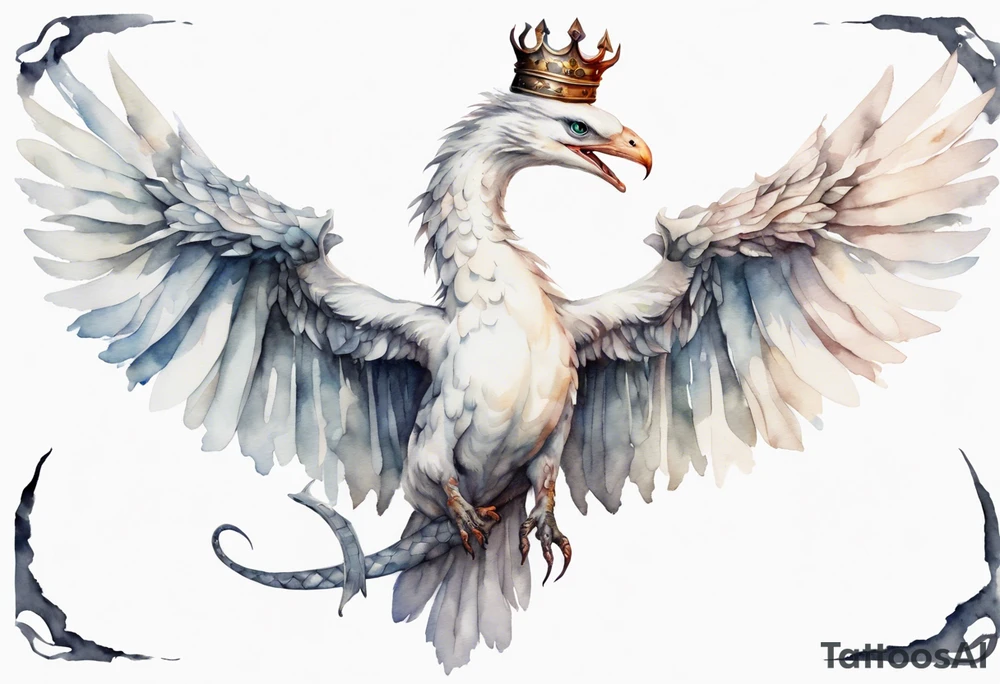a watercolor of a white bird-serpent hybrid wearing an iron crown, flying in the sky tattoo idea