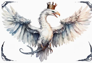 a watercolor of a white bird-serpent hybrid wearing an iron crown, flying in the sky tattoo idea