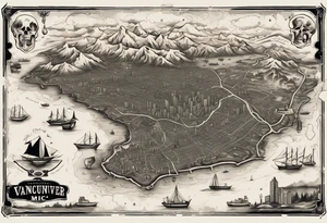 A overview old school map of vancouver B.C with water drop staining and a skull tattoo idea