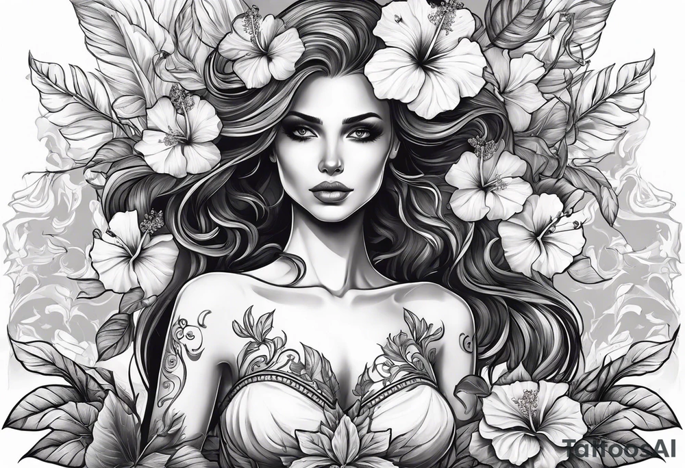 a full body female skeleton with hibiscus flower. tattoo idea
