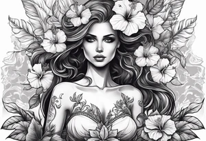 a full body female skeleton with hibiscus flower. tattoo idea
