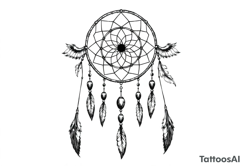 dreamcatcher with feathers and beads, authentic tattoo idea