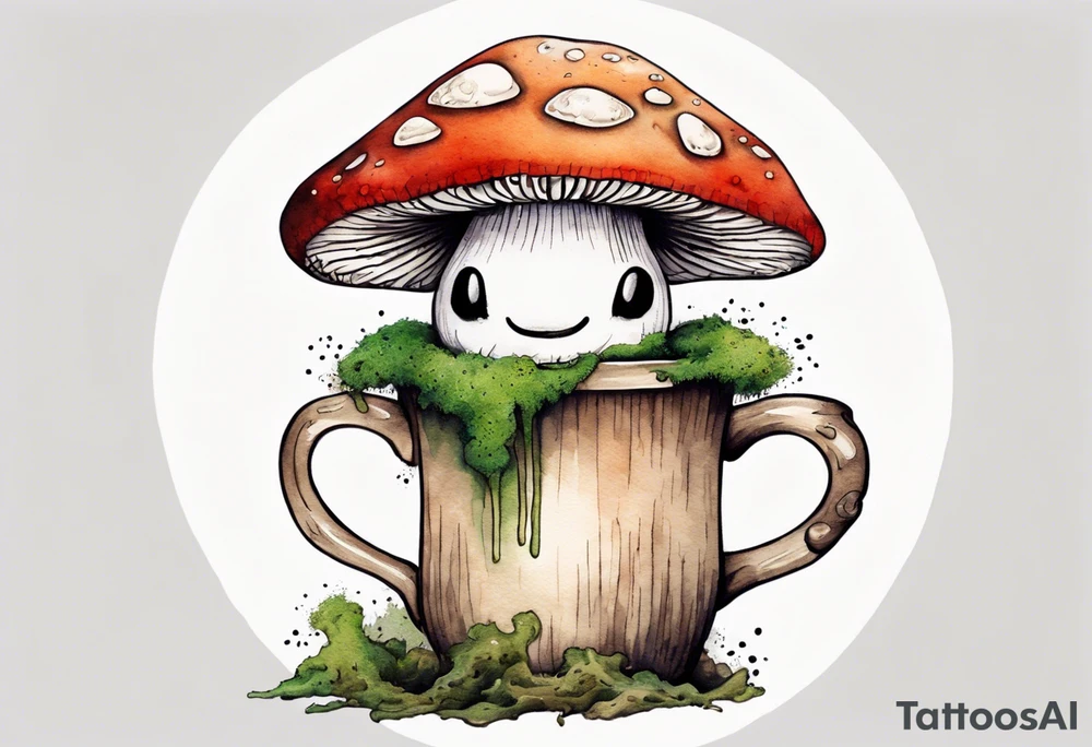 a mushroom with a face and a moss beard and arms and legs drinking from a wood mug tattoo idea