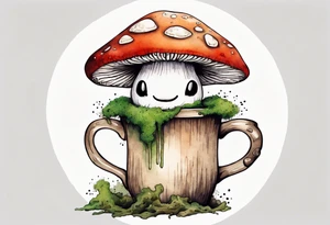 a mushroom with a face and a moss beard and arms and legs drinking from a wood mug tattoo idea