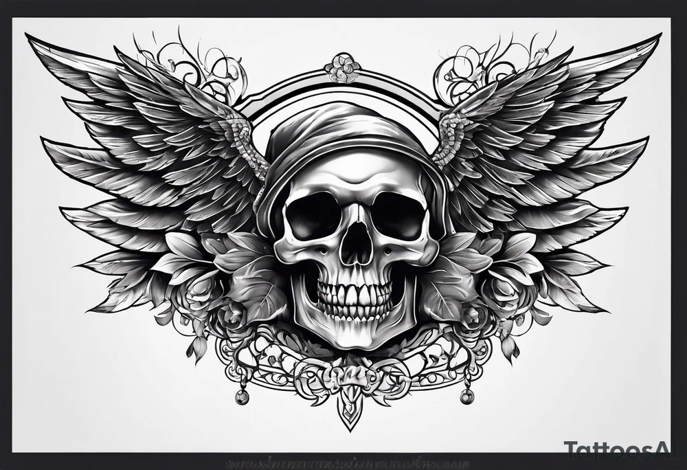 chest skull and wings tattoo idea