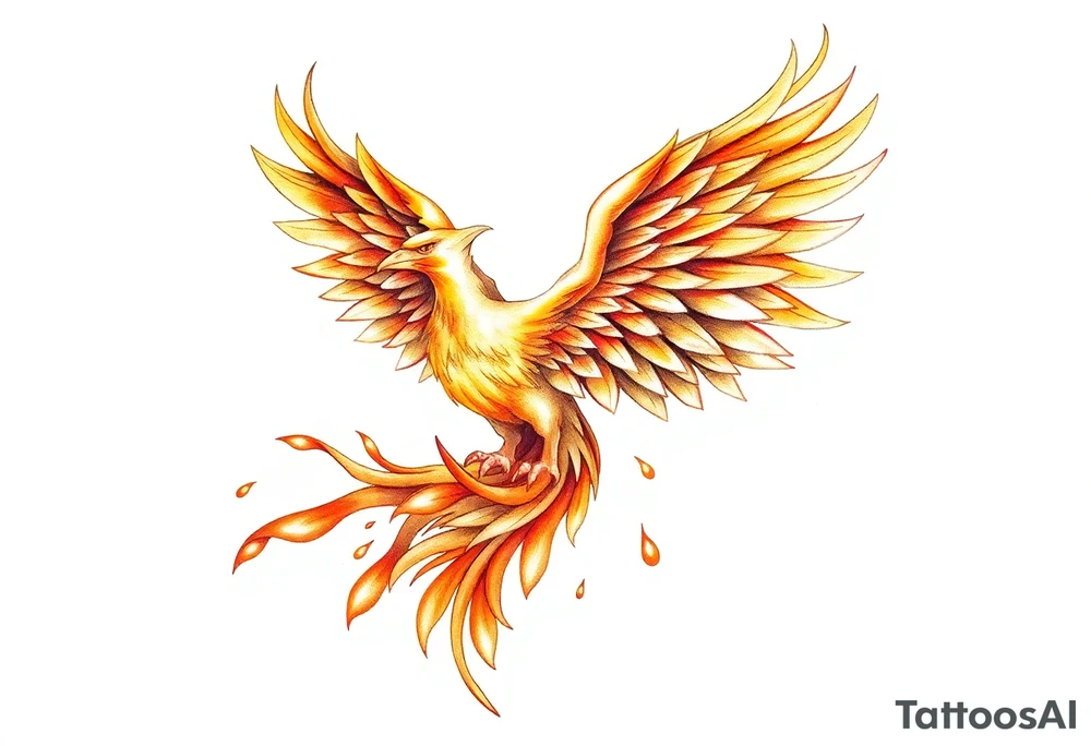 magnificent phoenix rising from golden flames with trailing embers tattoo idea
