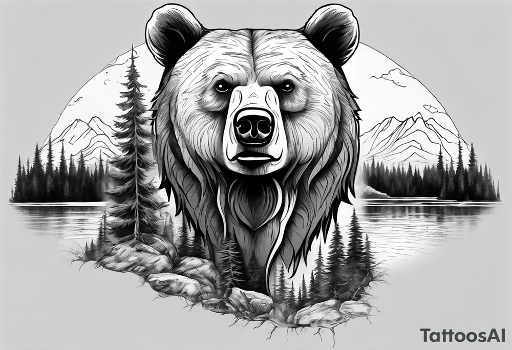 bear head right above the forest line with a lake below, full sleeve tattoo tattoo idea