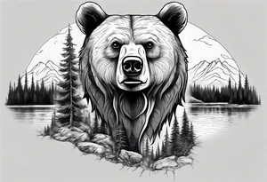 bear head right above the forest line with a lake below, full sleeve tattoo tattoo idea
