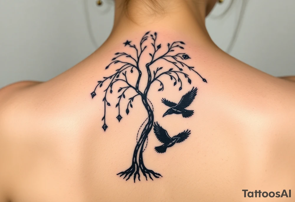 Weeping willow with starry sky background with zodiac constellations in it with runes and ravens tattoo idea