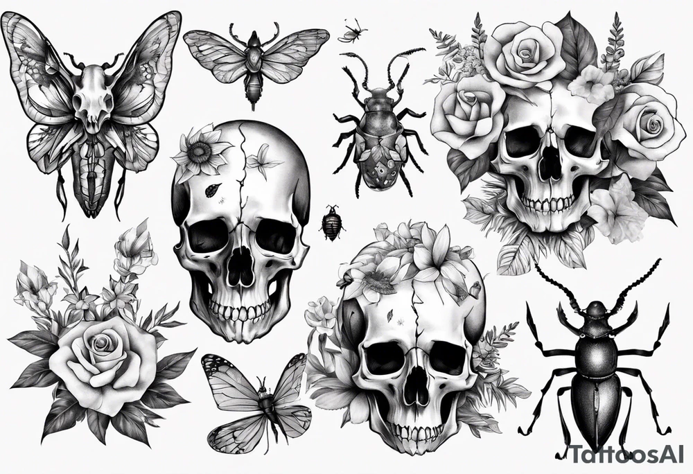Animal skull with flowers and bugs around it tattoo idea