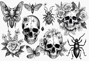 Animal skull with flowers and bugs around it tattoo idea