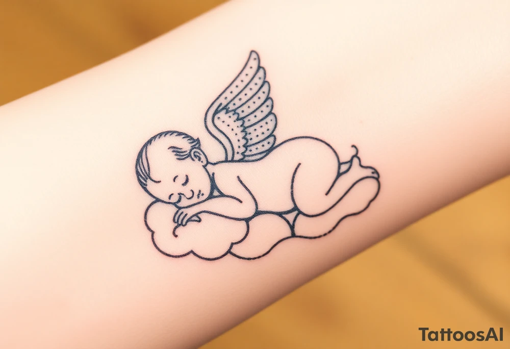 Sleeping Winged baby, laying on the clouds tattoo idea