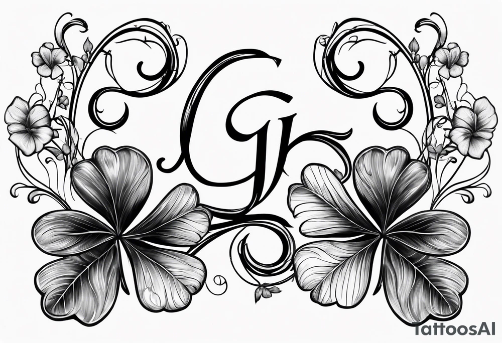 a single three leaf clover with vine, and the initial G in one leaf, T in another leaf, and a combined JK in the middle leaf tattoo idea