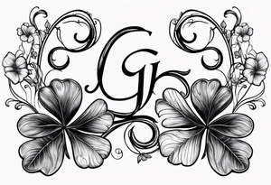 a single three leaf clover with vine, and the initial G in one leaf, T in another leaf, and a combined JK in the middle leaf tattoo idea