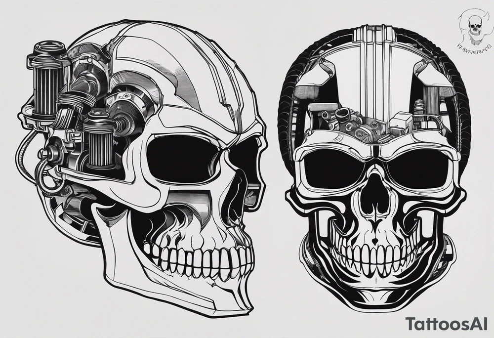 Powerful skull and engine, in this appears a piston and a turbo, also the dseign must be vertical. Also, the desing must be minimalistic not saturated. Remember the vertical design as this will go in my calf tattoo idea