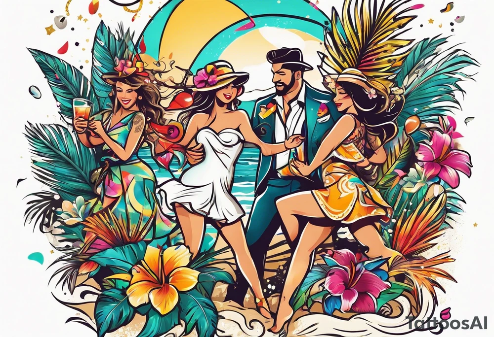 vintage beach dance party with music and confetti, tropical drinks tattoo idea