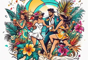 vintage beach dance party with music and confetti, tropical drinks tattoo idea