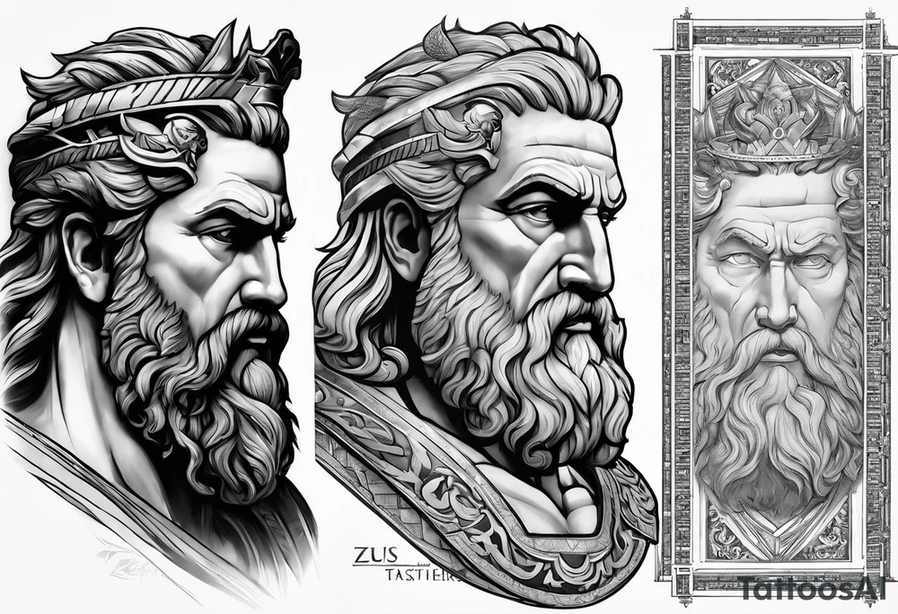Half sleeve on the right arm with zeus and some text that goes along with it and you can add some Sparta maybe or some building temple of zeus tattoo idea