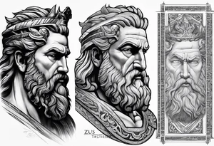 Half sleeve on the right arm with zeus and some text that goes along with it and you can add some Sparta maybe or some building temple of zeus tattoo idea