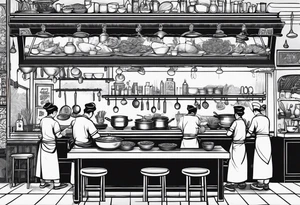 Create a bar scene with dog faced minimalist figures cooking in a restaurant as chefs making ramen in all stages of prepping, cooking and plating and sending food out tattoo idea