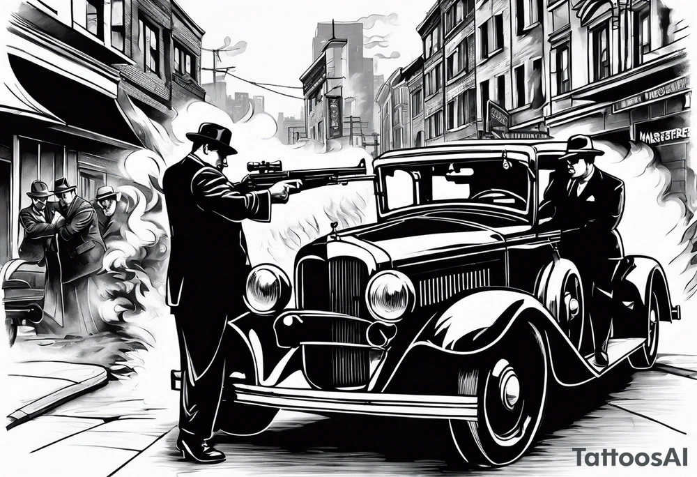 Al Capone style gangsters fighting with machine guns, set with a 1930s city street background, include a 1930's car in the background , flames and and smoke tattoo idea