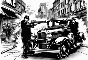Al Capone style gangsters fighting with machine guns, set with a 1930s city street background, include a 1930's car in the background , flames and and smoke tattoo idea