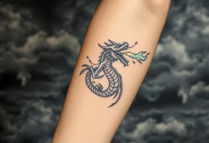 fierce dragon breathing iridescent fire against stormy skies tattoo idea