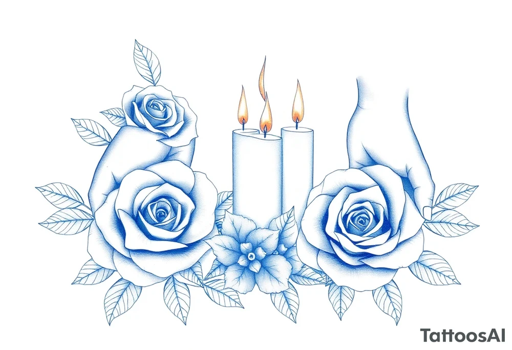 Two hands, roses, two candles, blue tattoo idea