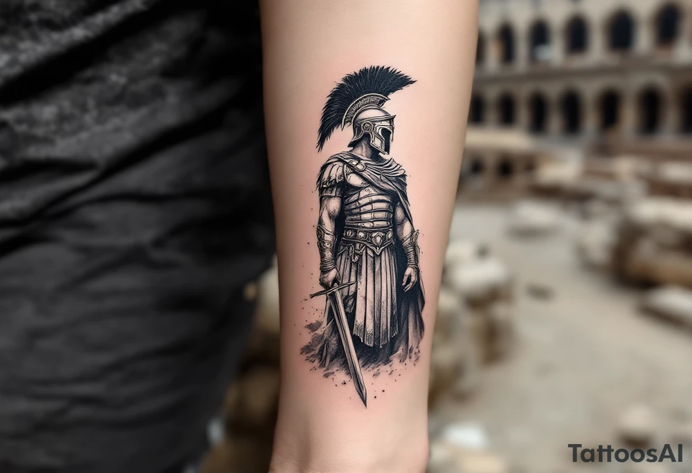 gladiator roman soldier standing colosseum interior combat sword helmet cape sand wind eagle legion trace tattoo idea