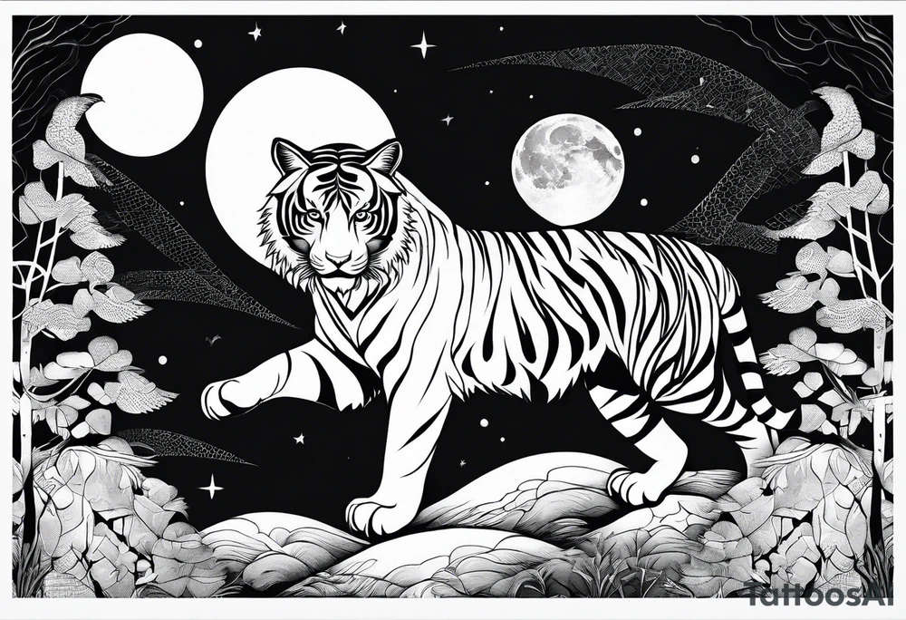 Tiger clawing a flying owl underneath a full moon in a forest tattoo idea