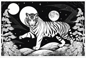 Tiger clawing a flying owl underneath a full moon in a forest tattoo idea