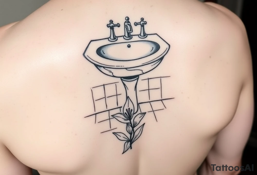 bathroom sink on tile floor with lily coming up out of the floor tattoo idea