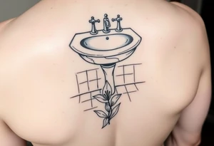 bathroom sink on tile floor with lily coming up out of the floor tattoo idea