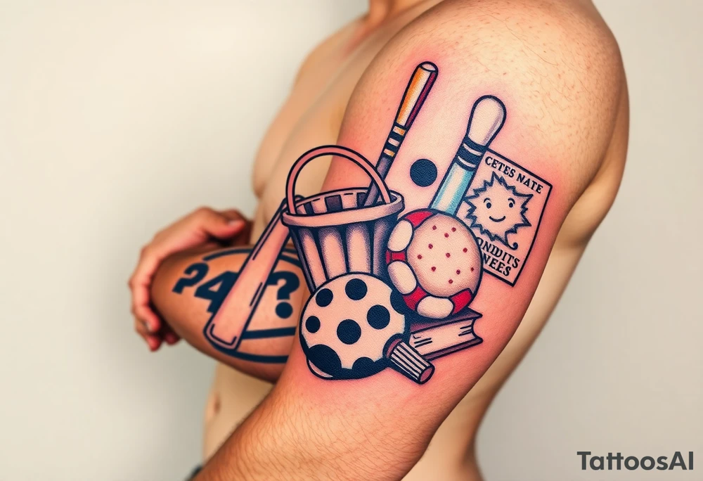 Childhood memories of a book, a bucket and spade, a football, a cricket bat, a teabag, a biscuit, a comic, a cartoon from the album Dookie tattoo idea
